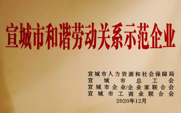 顺心家居荣获“宣城市和谐劳动关系示范企业”荣誉！